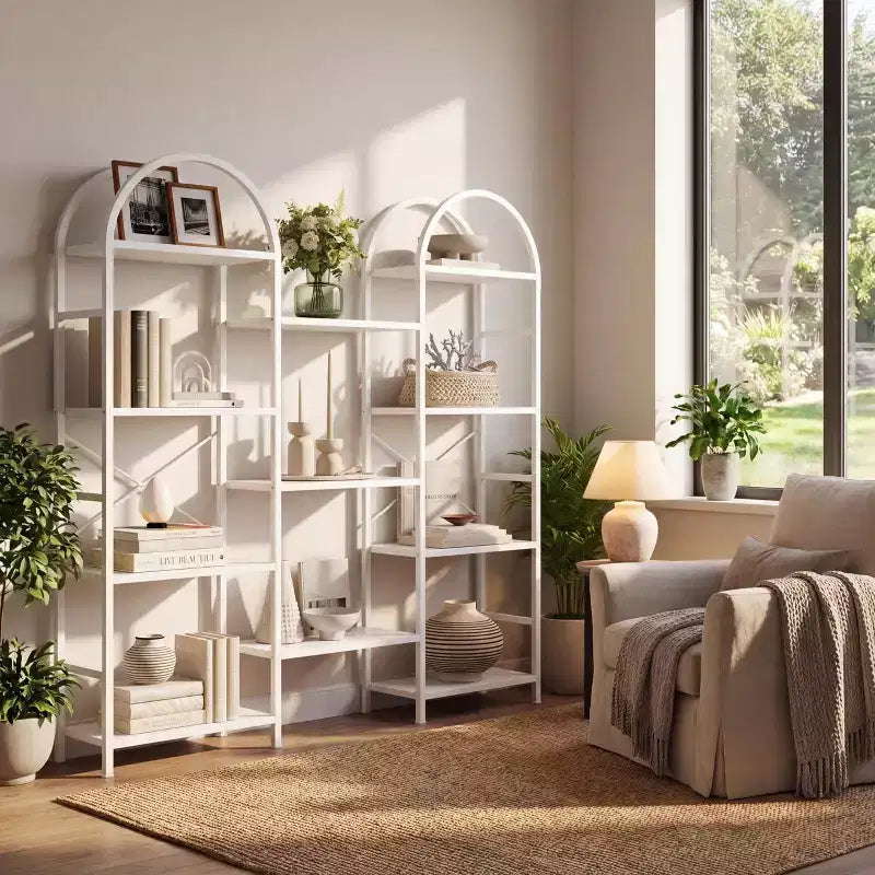Étagère à livres à triple arche, bibliothèque ouverte autoportante à 4 niveaux avec cadre en métal, étagère de rangement industrielle pour salon, bureau à domicile