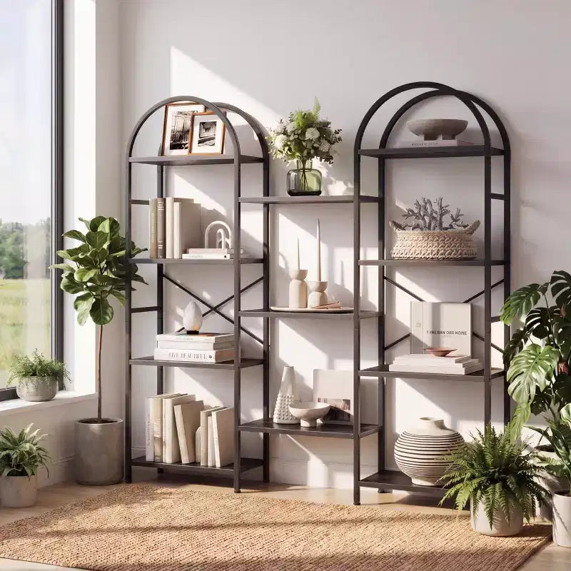 Étagère à livres à triple arche, bibliothèque ouverte autoportante à 4 niveaux avec cadre en métal, étagère de rangement industrielle pour salon, bureau à domicile