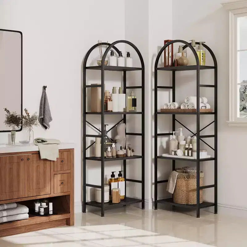 Étagère à livres à triple arche, bibliothèque ouverte autoportante à 4 niveaux avec cadre en métal, étagère de rangement industrielle pour salon, bureau à domicile