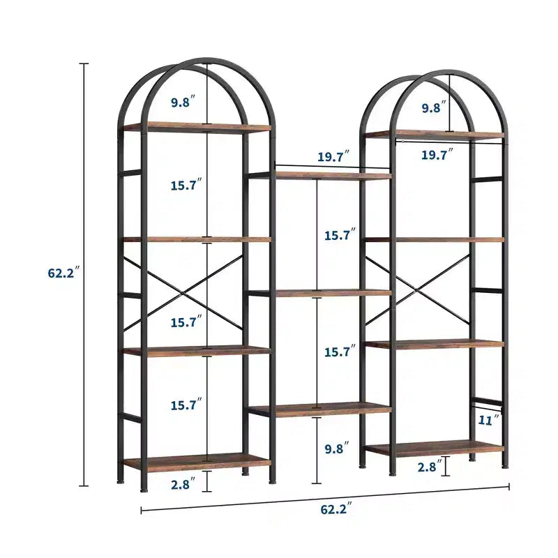 Étagère à livres à triple arche, bibliothèque ouverte autoportante à 4 niveaux avec cadre en métal, étagère de rangement industrielle pour salon, bureau à domicile