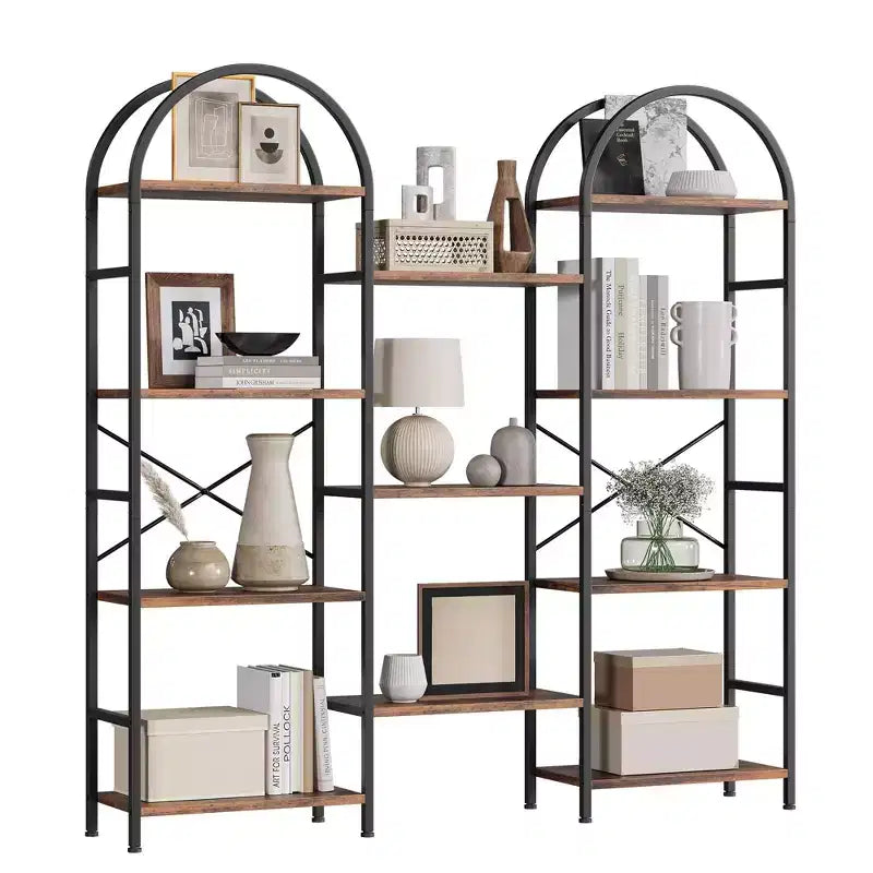 Étagère à livres à triple arche, bibliothèque ouverte autoportante à 4 niveaux avec cadre en métal, étagère de rangement industrielle pour salon, bureau à domicile