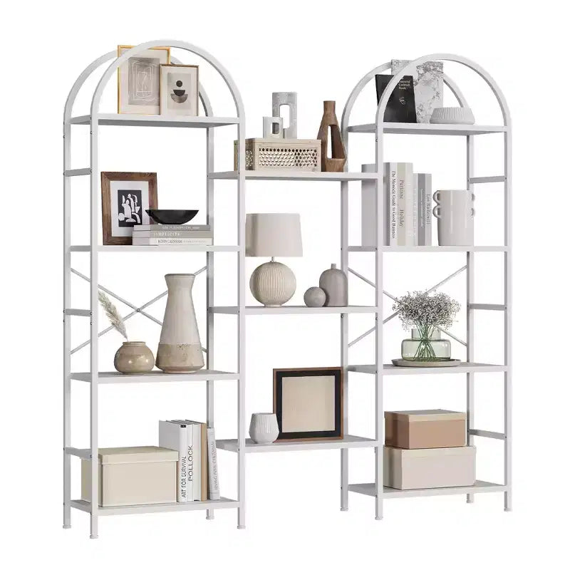 Étagère à livres à triple arche, bibliothèque ouverte autoportante à 4 niveaux avec cadre en métal, étagère de rangement industrielle pour salon, bureau à domicile