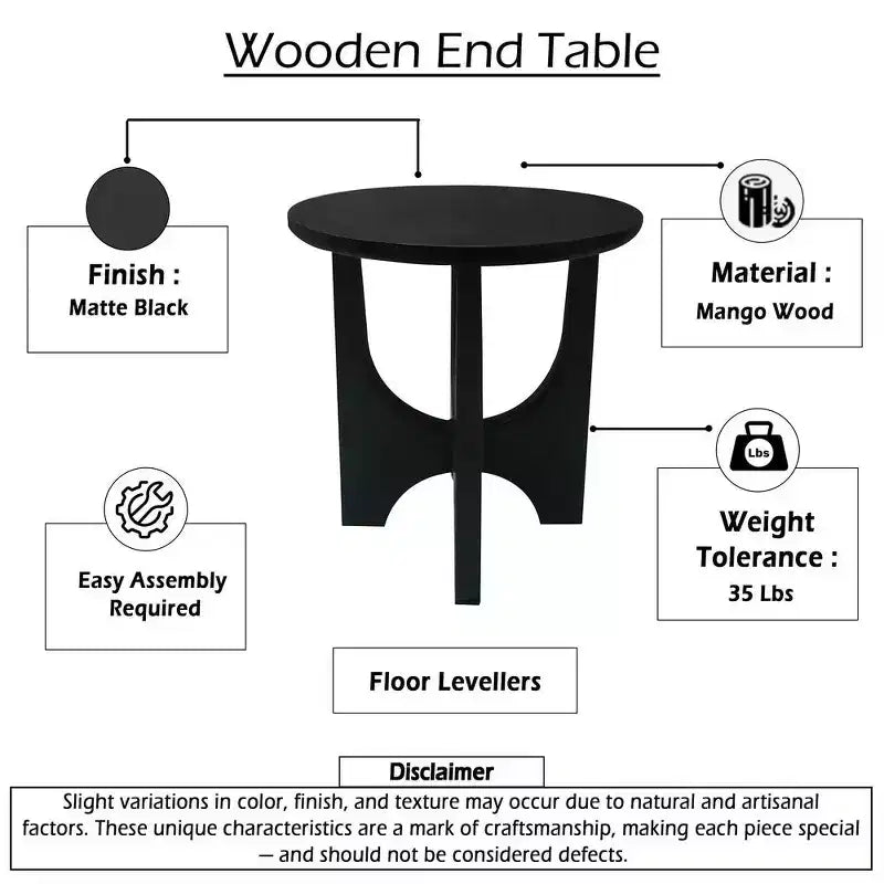 Table d'appoint ronde Sara, plateau en bois de manguier massif de 50 cm noir mat avec pieds incurvés