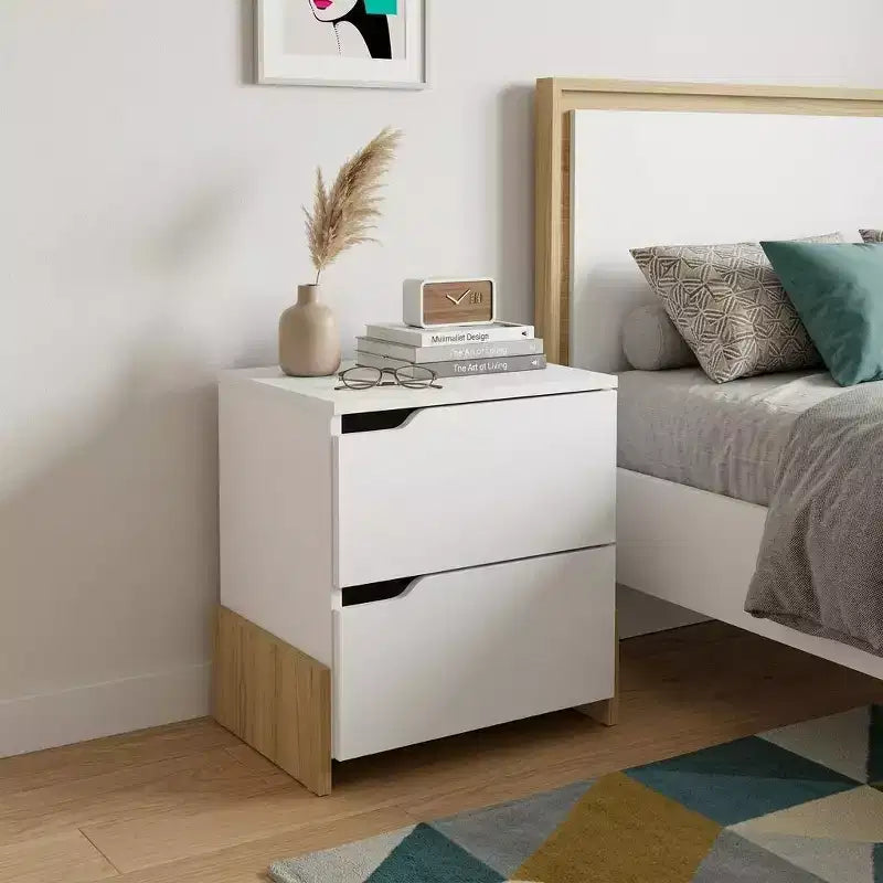 HomeRoots Table de chevet à deux tiroirs en bois blanc et naturel 20 po