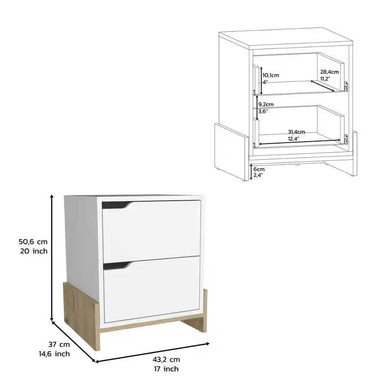 HomeRoots Table de chevet à deux tiroirs en bois blanc et naturel 20 po