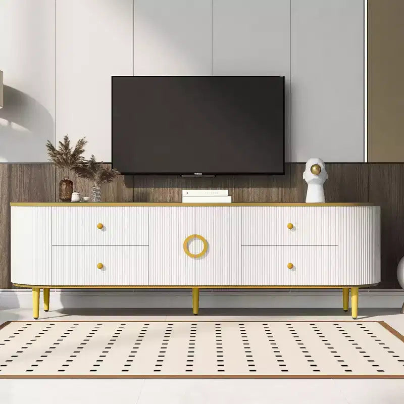 JVNOXK Modern Wood TV Stand for Up to 80 TVs, Entertainment Center with 4 Drawers & 1 Cabinet, Metal Legs & Gold Accents for Living Room