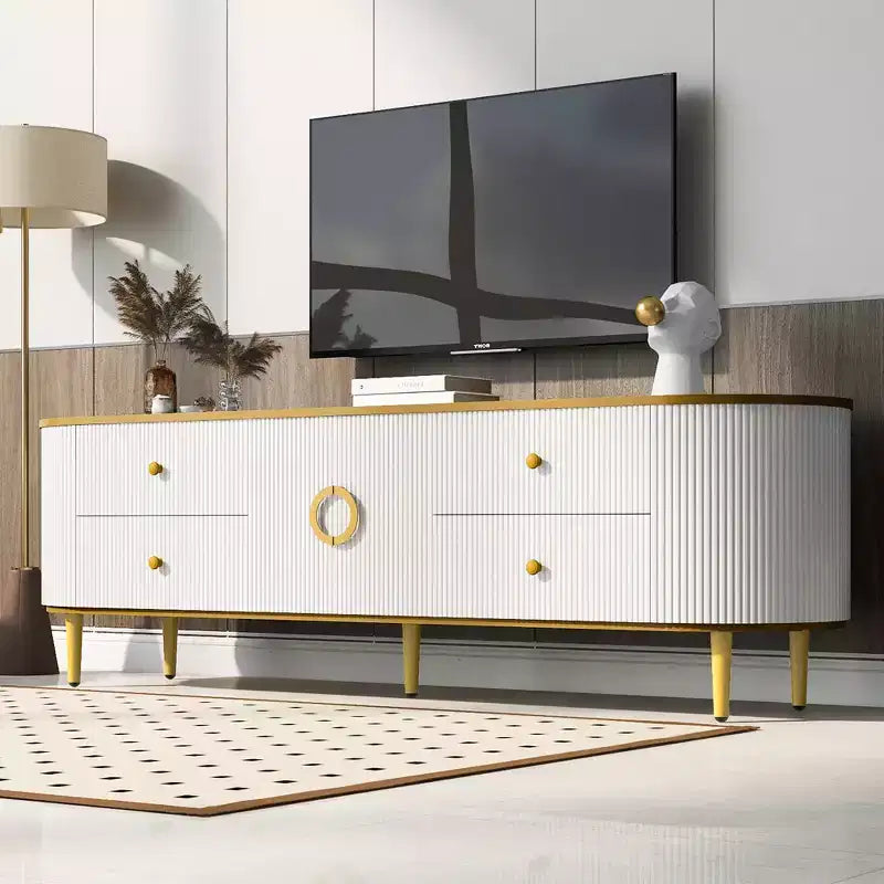 JVNOXK Meuble TV moderne en bois pour téléviseurs jusqu'à 80 pouces, centre de divertissement avec 4 tiroirs et 1 placard, pieds en métal et accents dorés pour salon