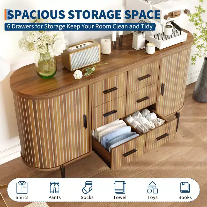 Buffet bahut moderne cannelé de 59 po avec plateau en faux marbre, meuble pour tourne-disque à 2 portes et 6 tiroirs et console de bar à café