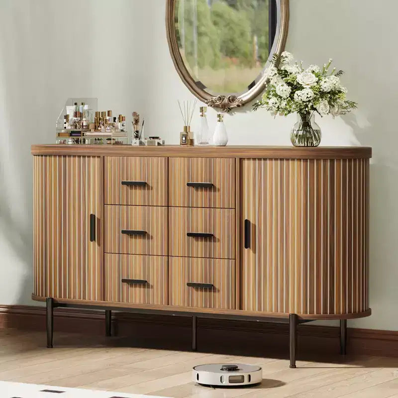Buffet bahut moderne cannelé de 59 po avec plateau en faux marbre, meuble pour tourne-disque à 2 portes et 6 tiroirs et console de bar à café