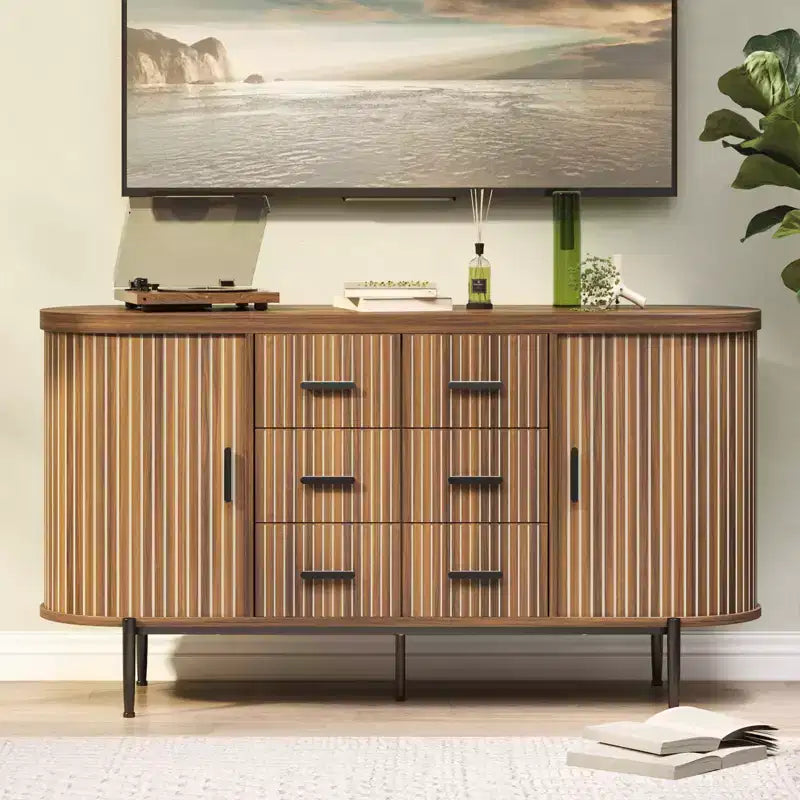 Buffet bahut moderne cannelé de 59 po avec plateau en faux marbre, meuble pour tourne-disque à 2 portes et 6 tiroirs et console de bar à café
