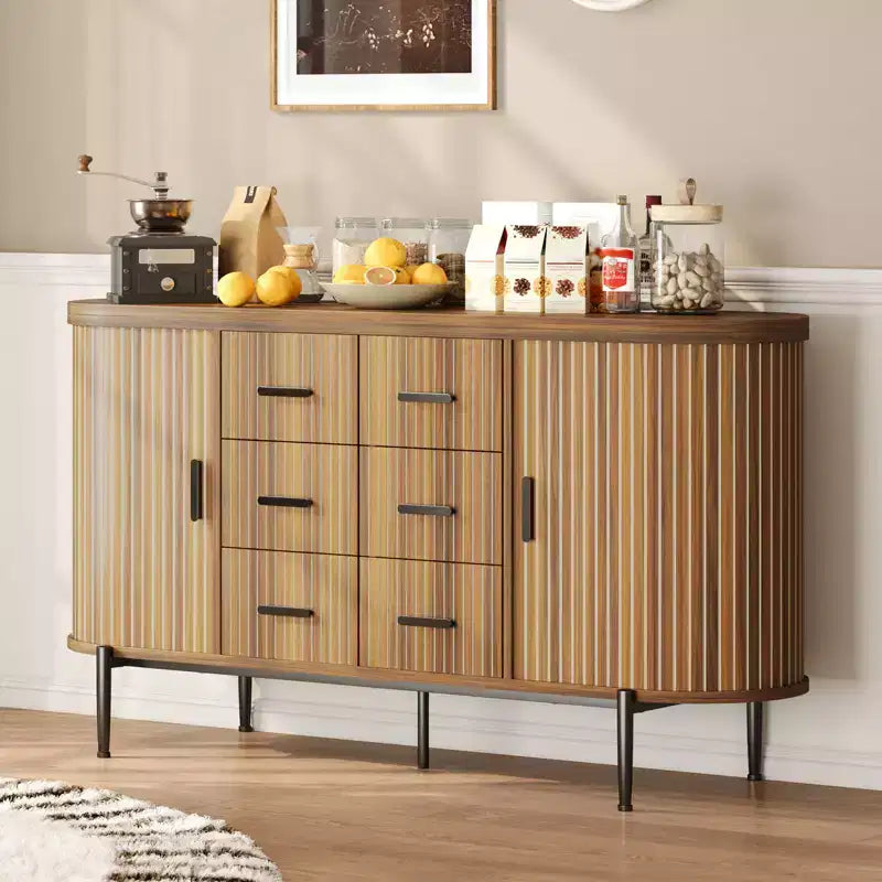 Buffet bahut moderne cannelé de 59 po avec plateau en faux marbre, meuble pour tourne-disque à 2 portes et 6 tiroirs et console de bar à café