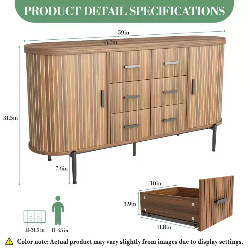 Buffet bahut moderne cannelé de 59 po avec plateau en faux marbre, meuble pour tourne-disque à 2 portes et 6 tiroirs et console de bar à café