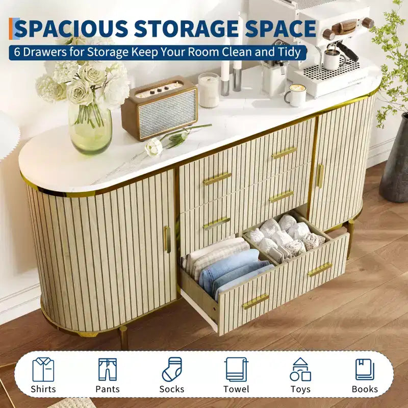 Buffet bahut moderne cannelé de 59 po avec plateau en faux marbre, meuble pour tourne-disque à 2 portes et 6 tiroirs et console de bar à café