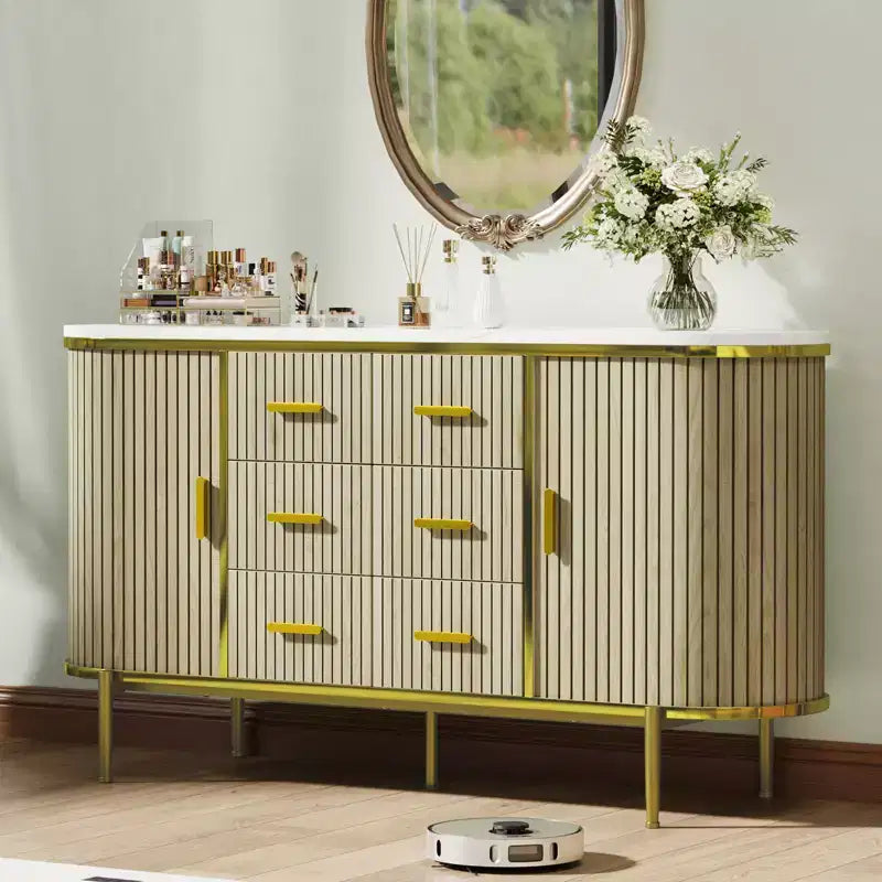 Buffet bahut moderne cannelé de 59 po avec plateau en faux marbre, meuble pour tourne-disque à 2 portes et 6 tiroirs et console de bar à café