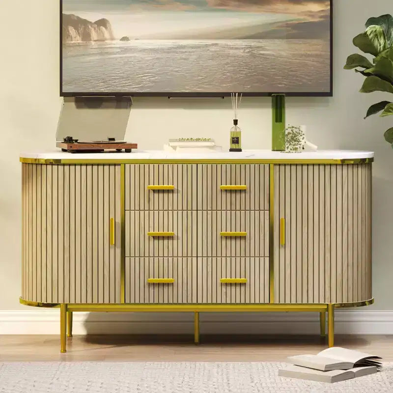 Buffet bahut moderne cannelé de 59 po avec plateau en faux marbre, meuble pour tourne-disque à 2 portes et 6 tiroirs et console de bar à café