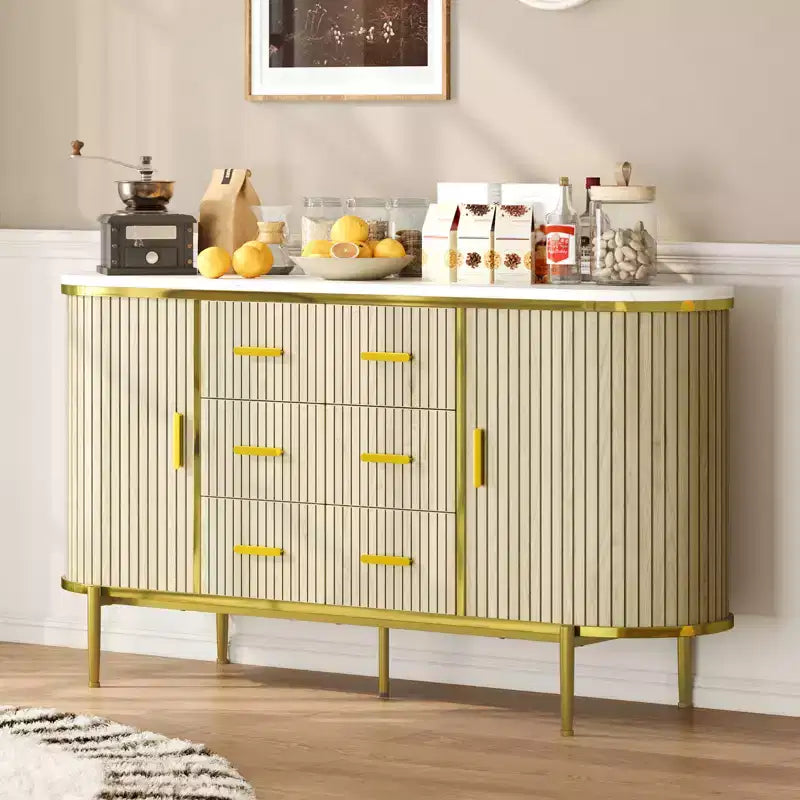 Buffet bahut moderne cannelé de 59 po avec plateau en faux marbre, meuble pour tourne-disque à 2 portes et 6 tiroirs et console de bar à café