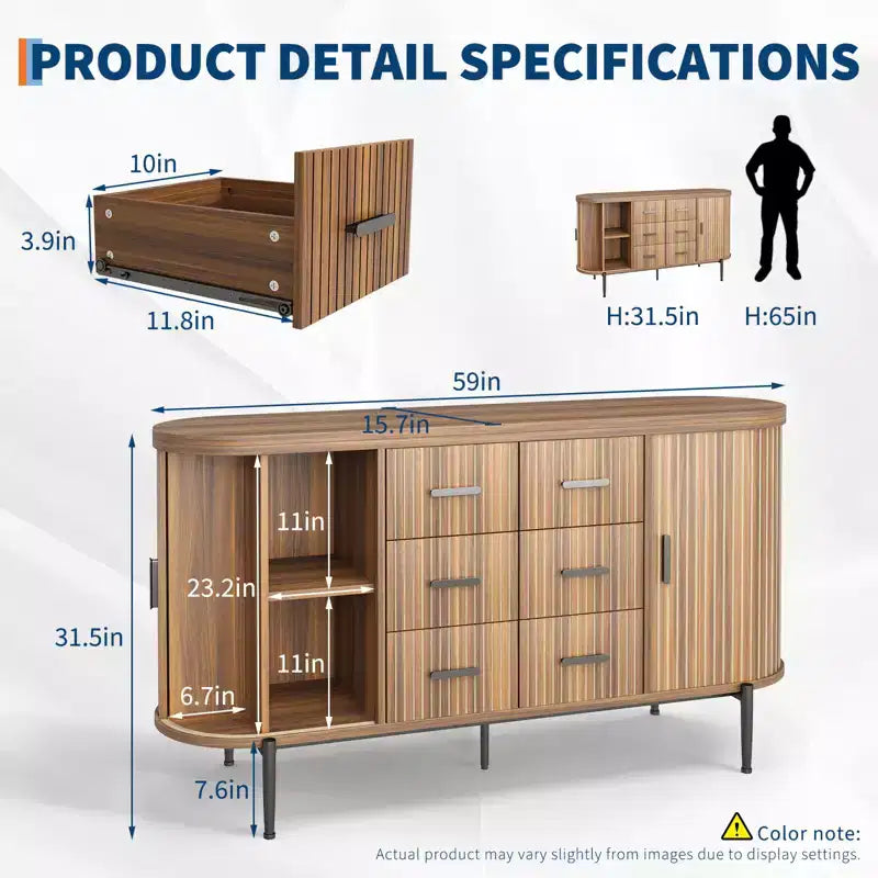 Buffet bahut moderne cannelé de 59 po avec plateau en faux marbre, meuble pour tourne-disque à 2 portes et 6 tiroirs et console de bar à café