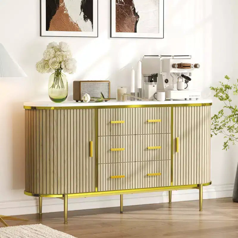 59 Modern Fluted Sideboard Buffet with Faux Marble Top, 2-Door 6-Drawer Record Player Stand & Coffee Bar Console