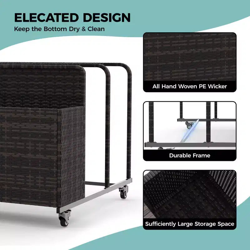 Organisateur de Rangement de Flotteurs de Piscine Robuste à Roulettes, Chariot en Rotin PE à 2 Compartiments, Imperméable et Résistant aux UV avec Accoudoirs