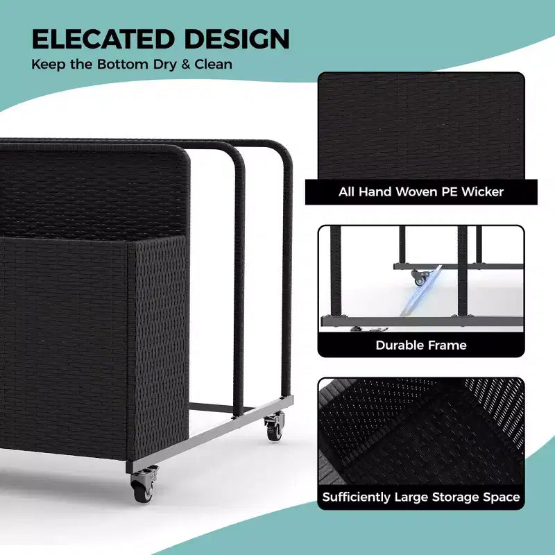 Organisateur de Rangement de Flotteurs de Piscine Robuste à Roulettes, Chariot en Rotin PE à 2 Compartiments, Imperméable et Résistant aux UV avec Accoudoirs