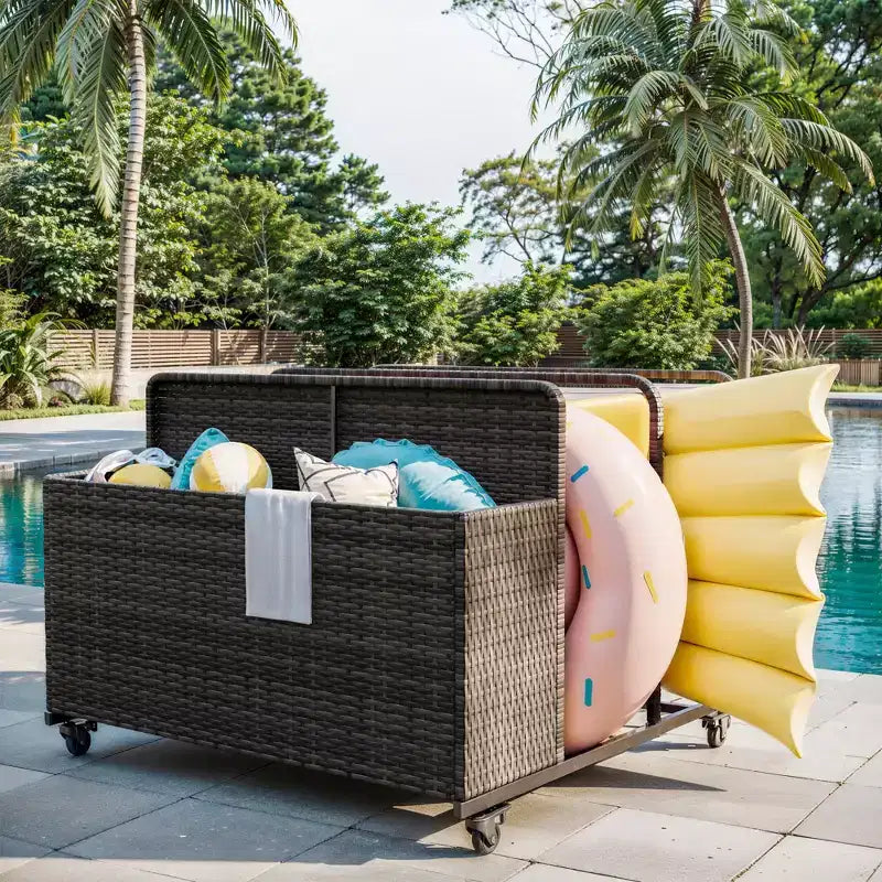 Organisateur de Rangement de Flotteurs de Piscine Robuste à Roulettes, Chariot en Rotin PE à 2 Compartiments, Imperméable et Résistant aux UV avec Accoudoirs