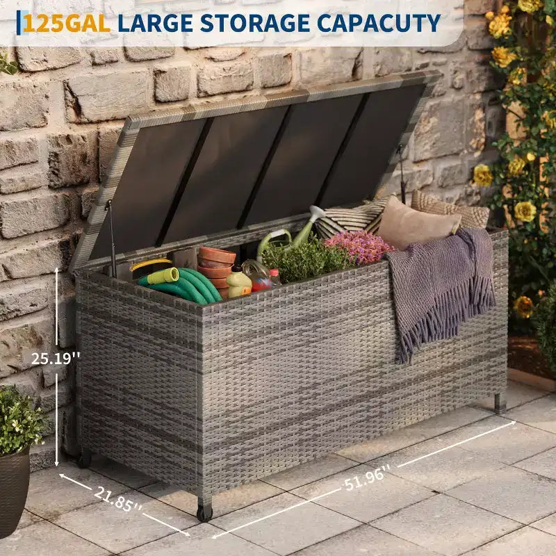 Coffre de rangement d'extérieur robuste de 125 gallons avec roues et poignées, coffre de rangement en rotin PE résistant aux intempéries, organisateur étanche pour patio et piscine