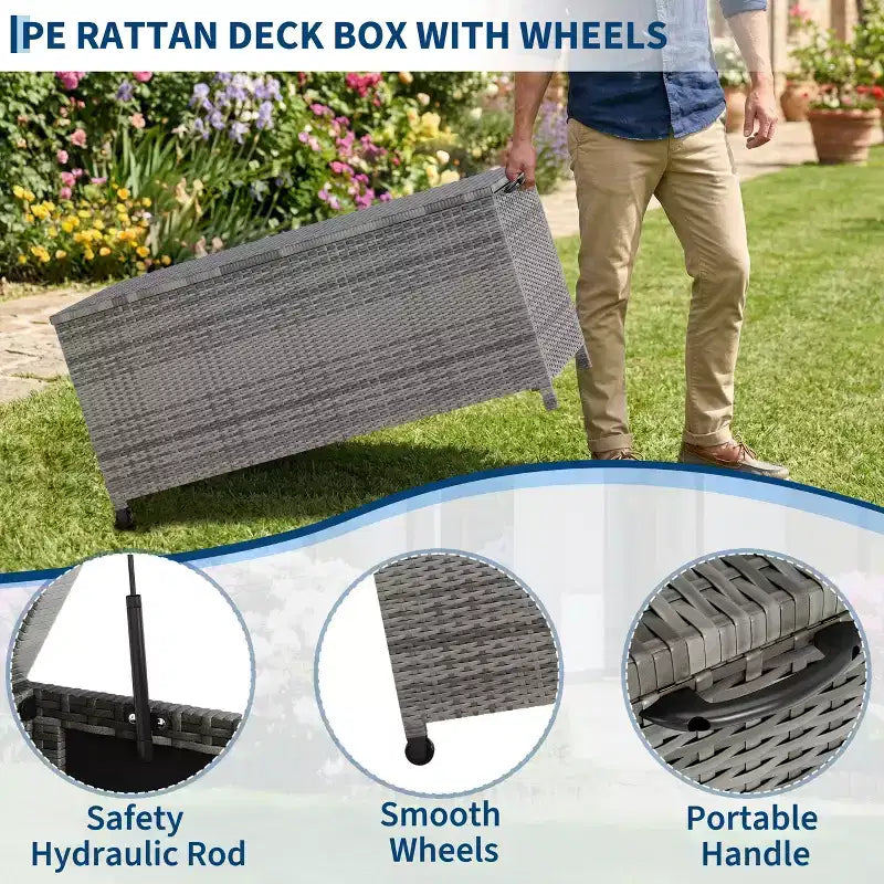 Coffre de rangement d'extérieur robuste de 125 gallons avec roues et poignées, coffre de rangement en rotin PE résistant aux intempéries, organisateur étanche pour patio et piscine