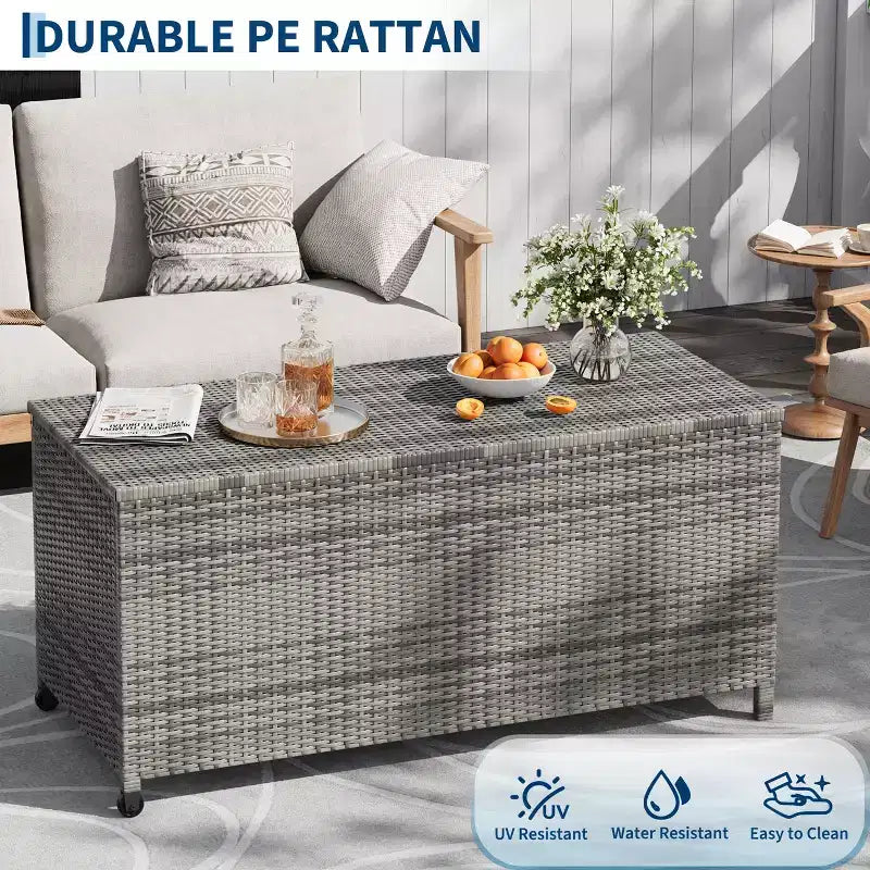 Coffre de rangement d'extérieur robuste de 125 gallons avec roues et poignées, coffre de rangement en rotin PE résistant aux intempéries, organisateur étanche pour patio et piscine