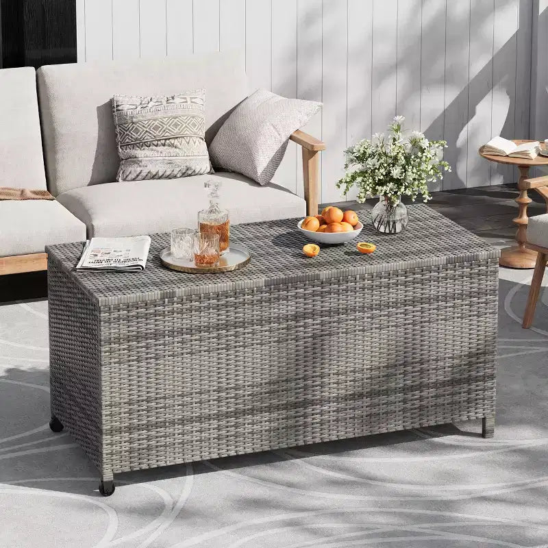 Coffre de rangement d'extérieur robuste de 125 gallons avec roues et poignées, coffre de rangement en rotin PE résistant aux intempéries, organisateur étanche pour patio et piscine