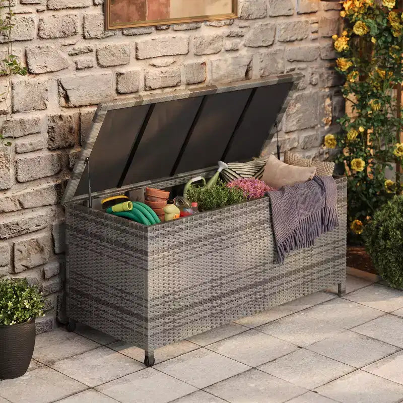 Coffre de rangement d'extérieur robuste de 125 gallons avec roues et poignées, coffre de rangement en rotin PE résistant aux intempéries, organisateur étanche pour patio et piscine