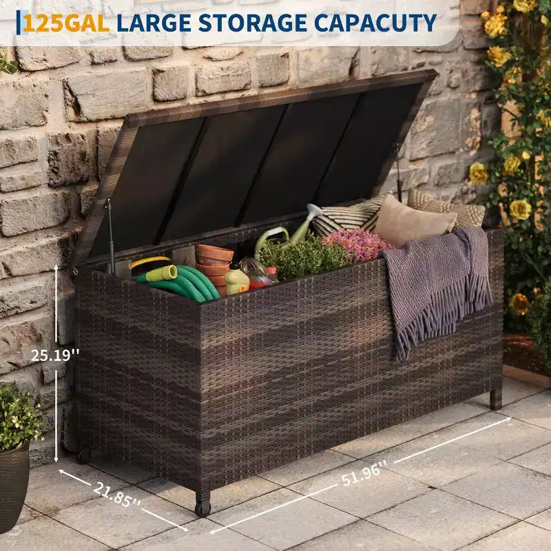 Coffre de rangement d'extérieur robuste de 125 gallons avec roues et poignées, coffre de rangement en rotin PE résistant aux intempéries, organisateur étanche pour patio et piscine