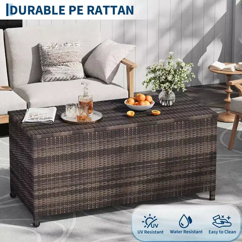 Coffre de rangement d'extérieur robuste de 125 gallons avec roues et poignées, coffre de rangement en rotin PE résistant aux intempéries, organisateur étanche pour patio et piscine