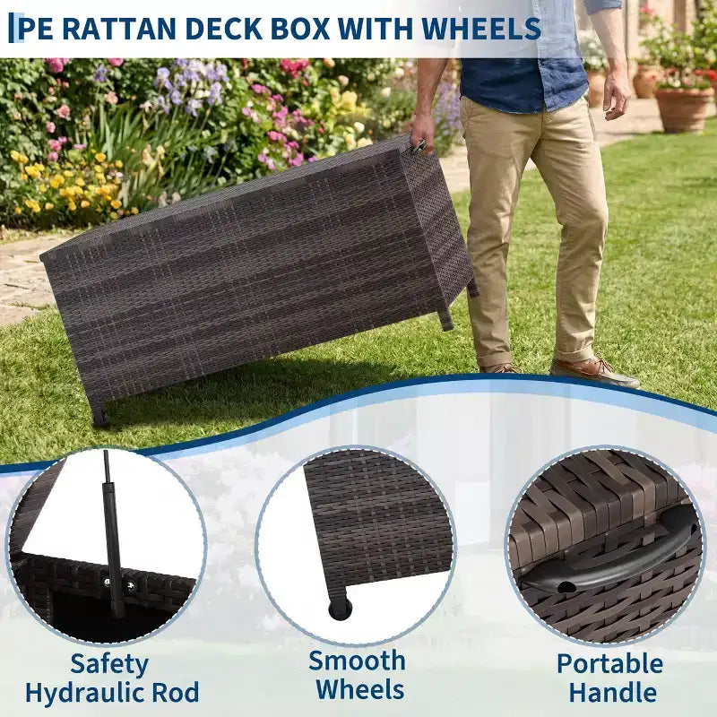 Coffre de rangement d'extérieur robuste de 125 gallons avec roues et poignées, coffre de rangement en rotin PE résistant aux intempéries, organisateur étanche pour patio et piscine