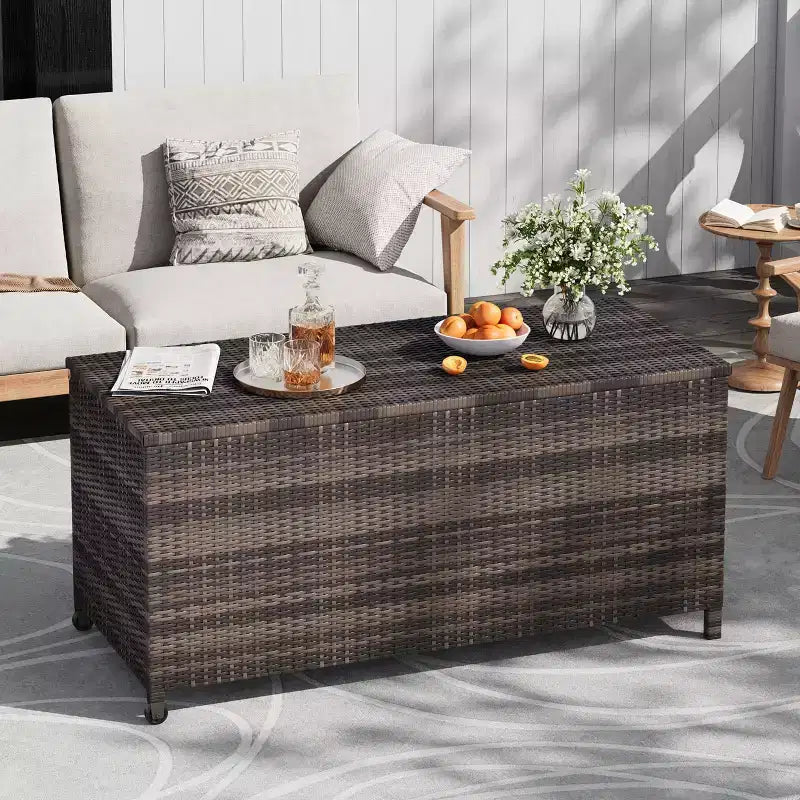Coffre de rangement d'extérieur robuste de 125 gallons avec roues et poignées, coffre de rangement en rotin PE résistant aux intempéries, organisateur étanche pour patio et piscine