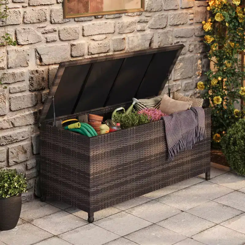 Coffre de rangement d'extérieur robuste de 125 gallons avec roues et poignées, coffre de rangement en rotin PE résistant aux intempéries, organisateur étanche pour patio et piscine