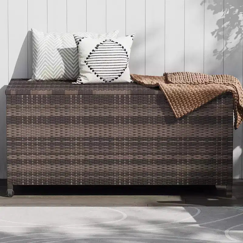 Coffre de rangement d'extérieur robuste de 125 gallons avec roues et poignées, coffre de rangement en rotin PE résistant aux intempéries, organisateur étanche pour patio et piscine