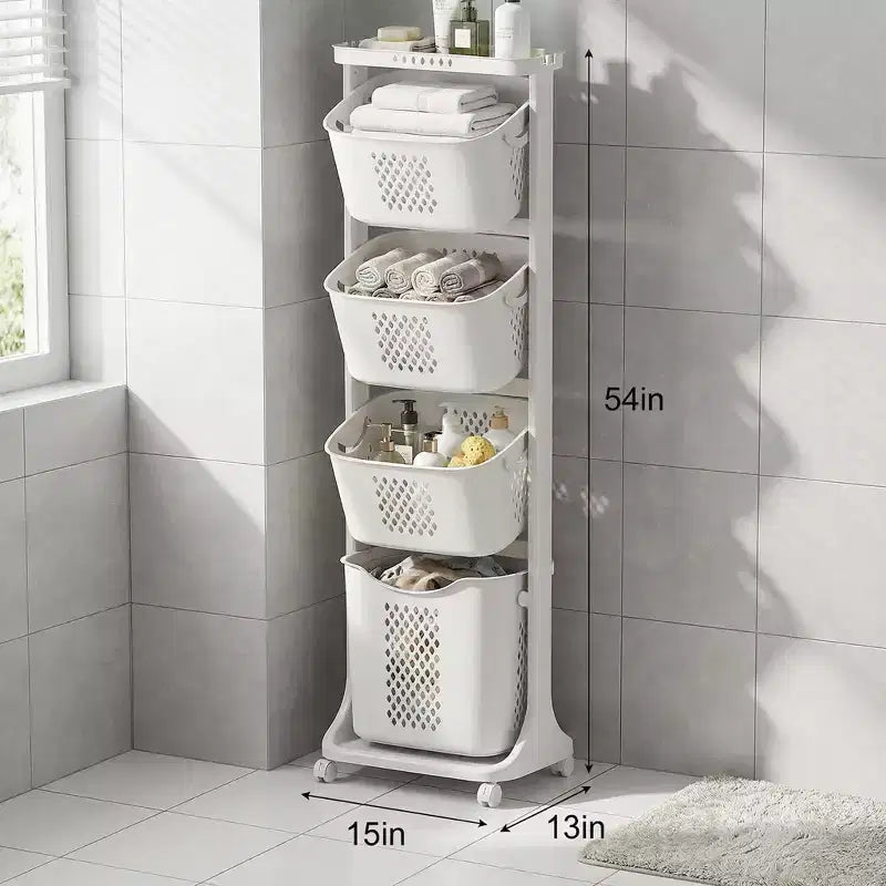 JVNOXK Chariot de tri à linge blanc à 4 niveaux avec paniers amovibles et roulettes, chariot de rangement à linge pour salle de bain et buanderie