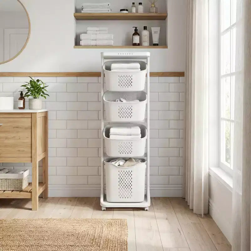 JVNOXK Chariot de tri à linge blanc à 4 niveaux avec paniers amovibles et roulettes, chariot de rangement à linge pour salle de bain et buanderie