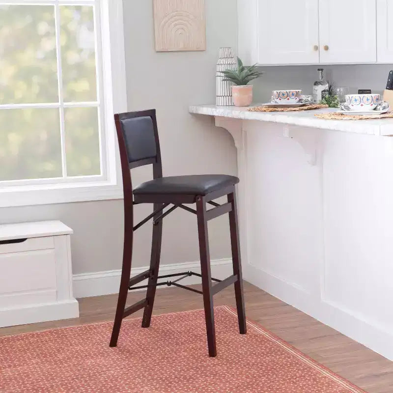 Tabouret de bar pliant 30" Keira en faux cuir rembourré Espresso Brown - Linon : Cadre en bois d'hévéa, mousse de polyuréthane