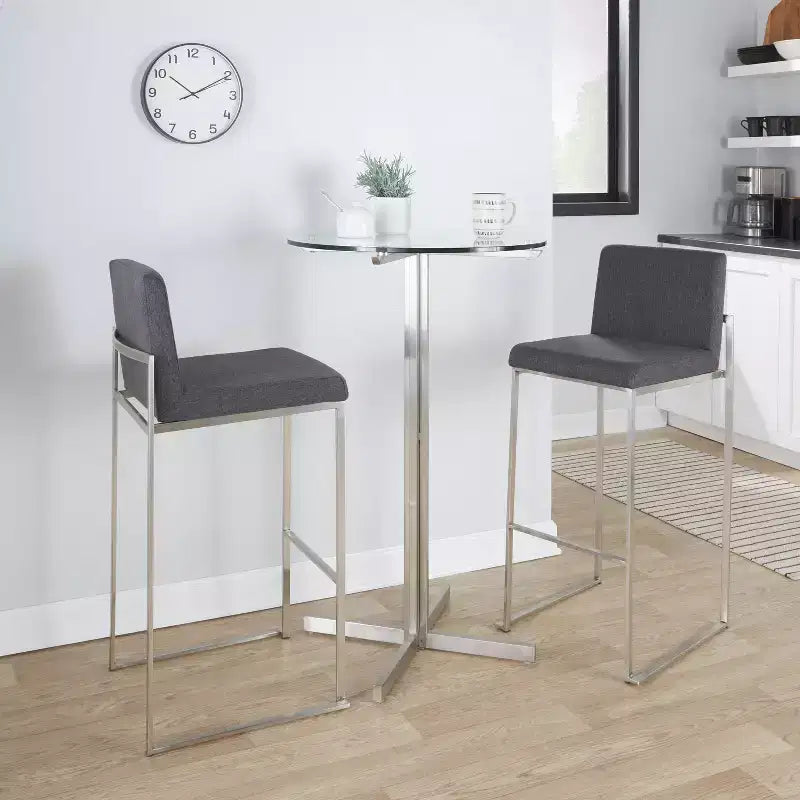 LumiSource Lot de 3 tabourets de bar hauts Fuji Acier inoxydable/Tissu anthracite
