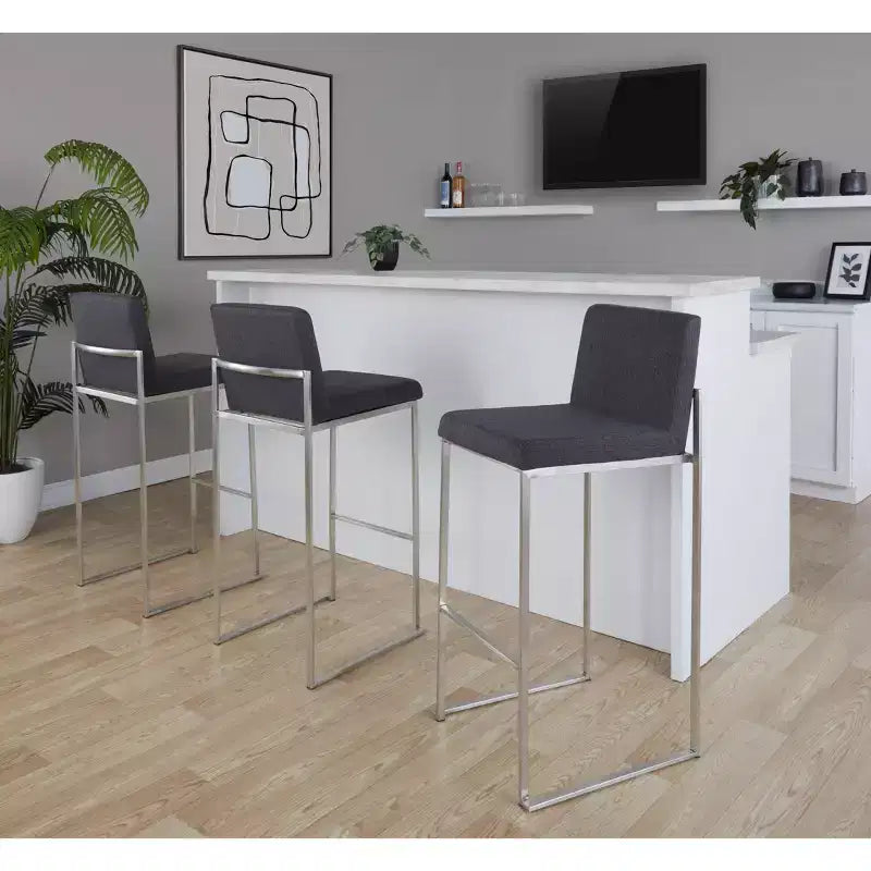 LumiSource Lot de 3 tabourets de bar hauts Fuji Acier inoxydable/Tissu anthracite