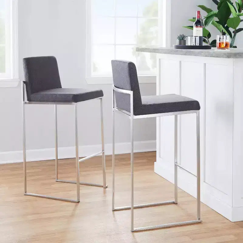 LumiSource Lot de 3 tabourets de bar hauts Fuji Acier inoxydable/Tissu anthracite