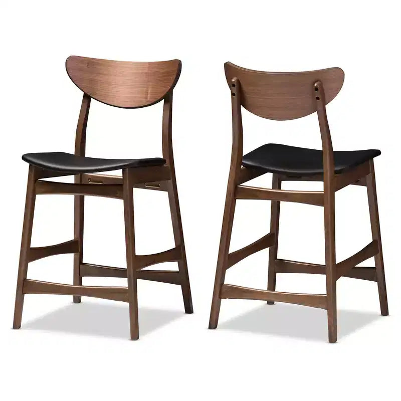 Tabouret de bar 61 cm, hauteur de comptoir, en similicuir noir style moderne du milieu du siècle, finition bois - Baxton Studio
