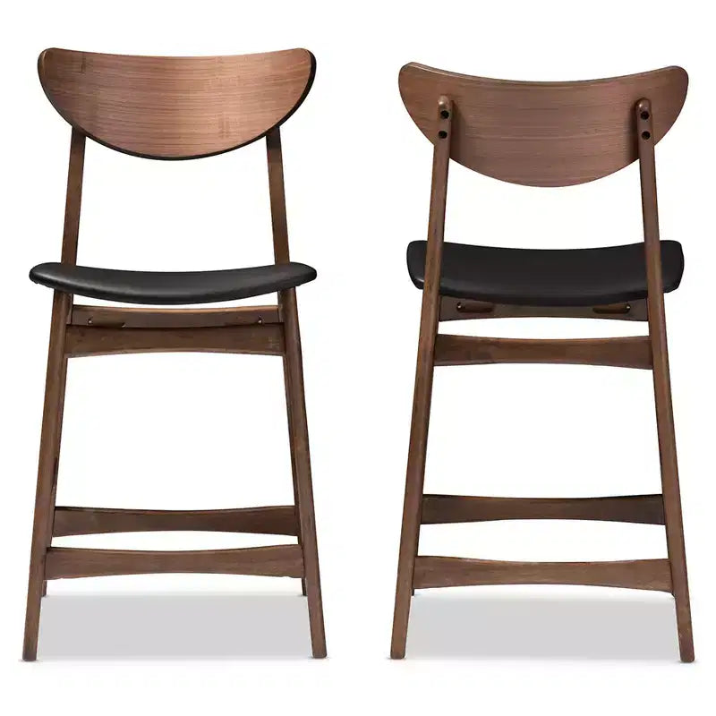 Tabouret de bar 61 cm, hauteur de comptoir, en similicuir noir style moderne du milieu du siècle, finition bois - Baxton Studio