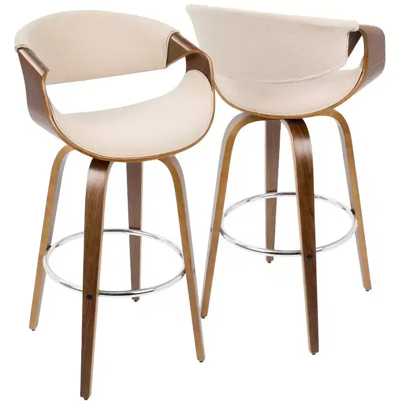 Lot de 2 tabourets de bar modernes mi-siècle Curvini Noyer/Crème - LumiSource : pivotants, dossier rembourré, structure en bois