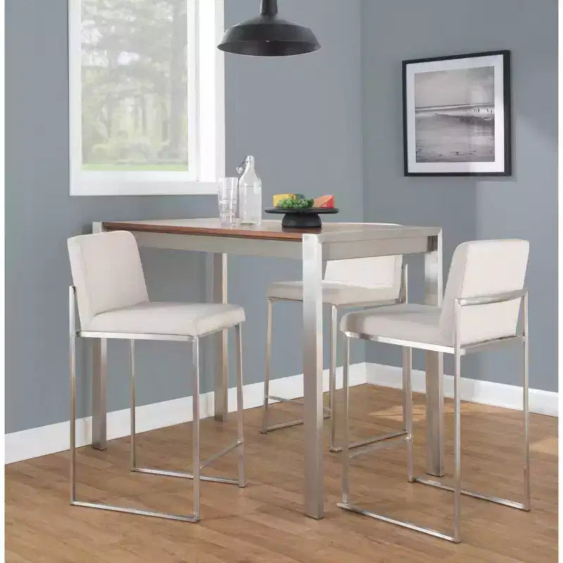 LumiSource Fuji – Tabourets de bar à dossier haut (3 tabourets) – Hauteur comptoir – Acier inoxydable/beige