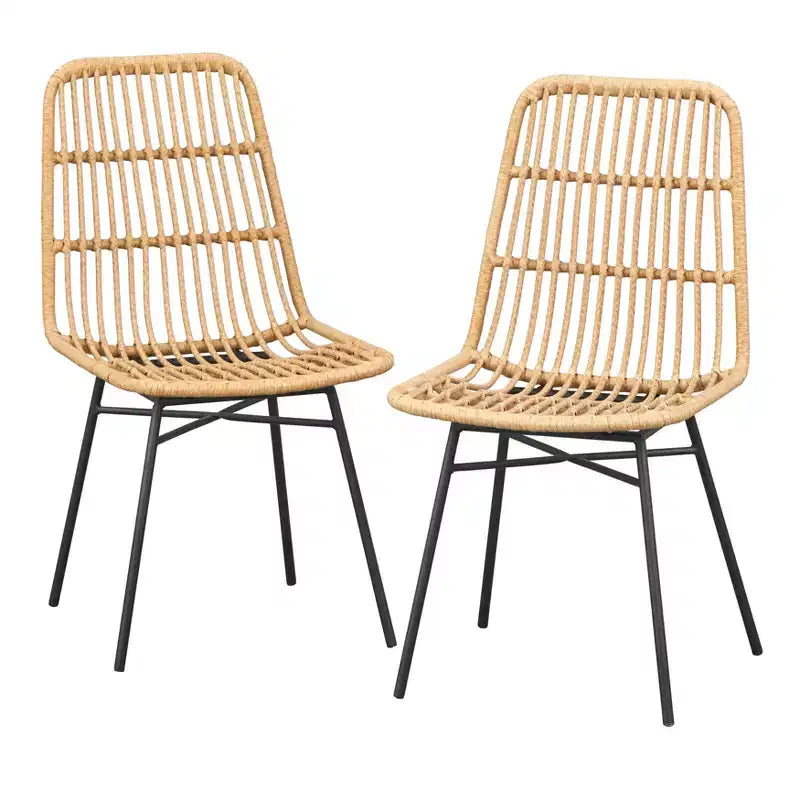 Lifestorey Lot de 2 chaises de salle à manger Greenville en similicuir et rotin naturel : Style moderne du milieu du siècle, rotin et cadre en métal, capacité de 113 kg