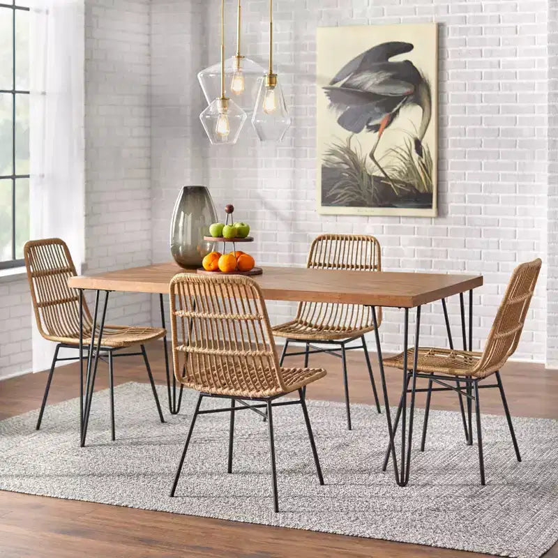 Lifestorey Lot de 2 chaises de salle à manger Greenville en similicuir et rotin naturel : Style moderne du milieu du siècle, rotin et cadre en métal, capacité de 113 kg