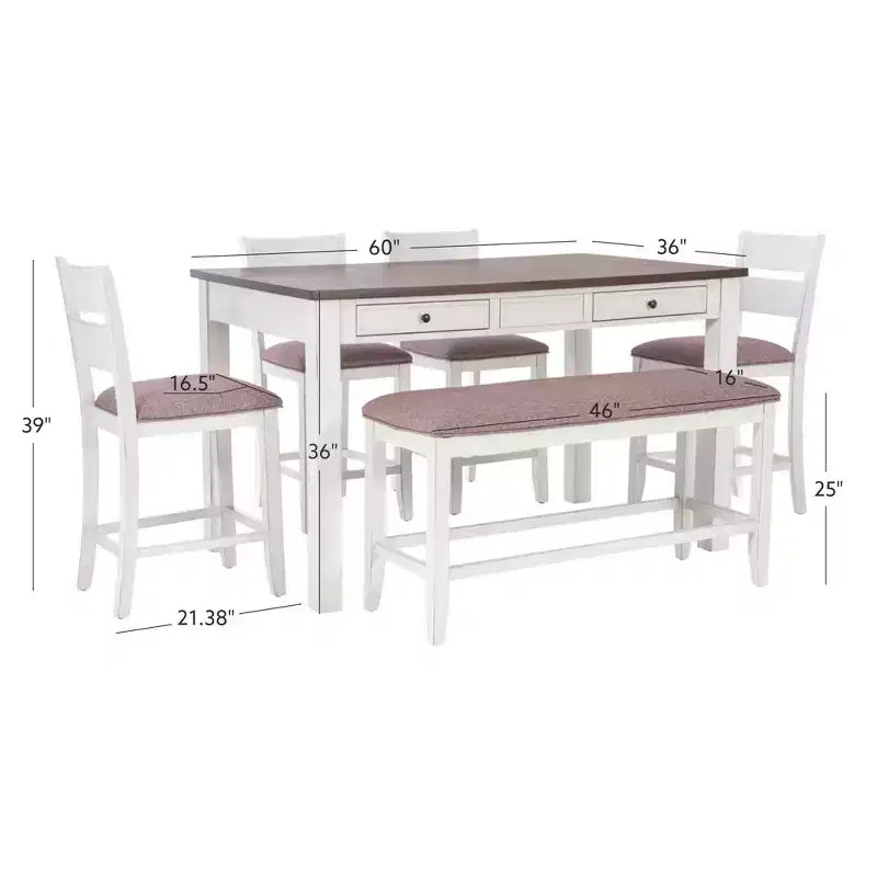 Ensemble de salle à manger rectangulaire 6 pièces Bruner de hauteur comptoir Powell, blanc