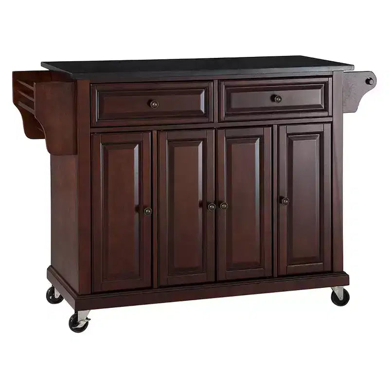 Desserte/Îlot de cuisine Crosley avec dessus en granit noir massif - Acajou vintage : Rangement roulant, porte-serviettes, 4 portes